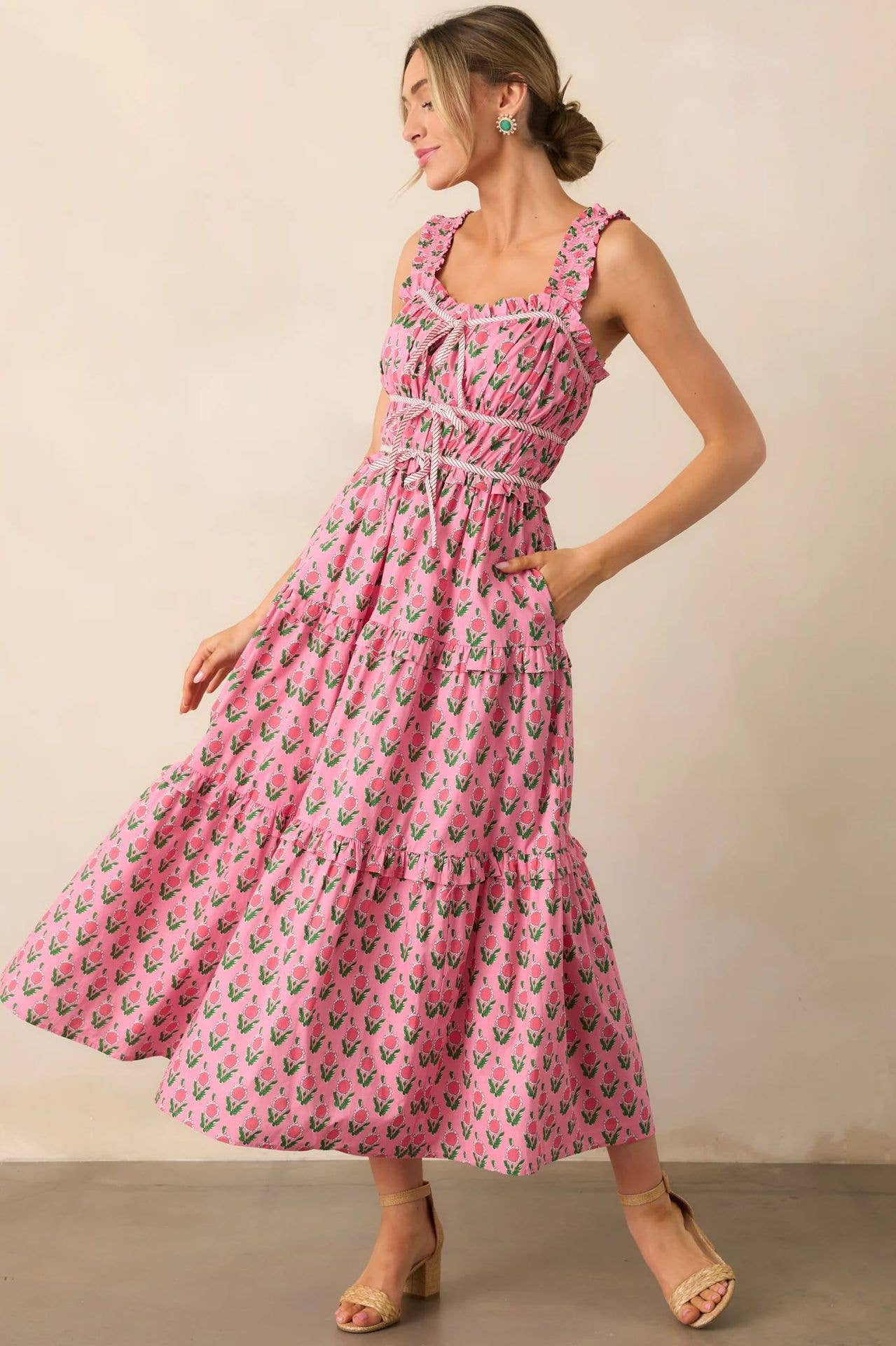Vacation style long French floral halter dress