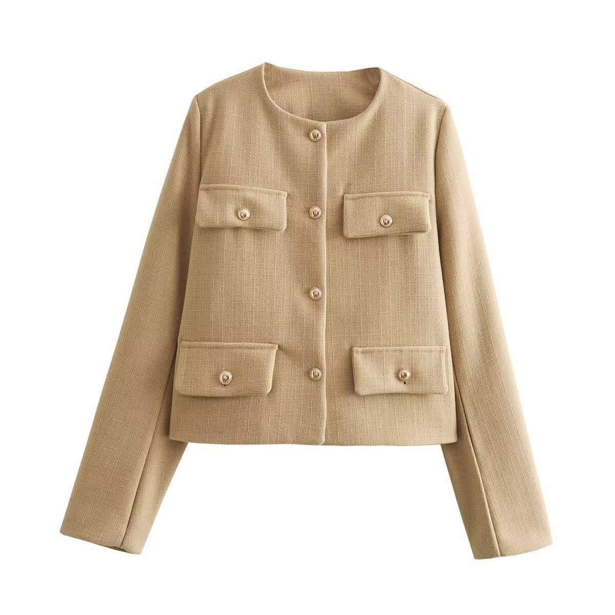 Round neck, loose golden buttons Short jacket