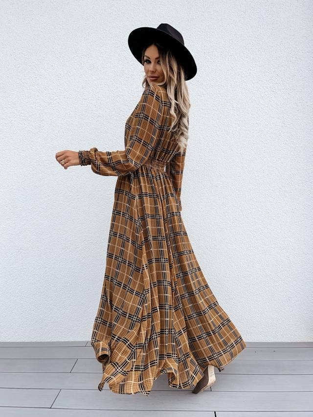 PLAID PRINT LONG-SLEEVED WAIST SLIT DRESS