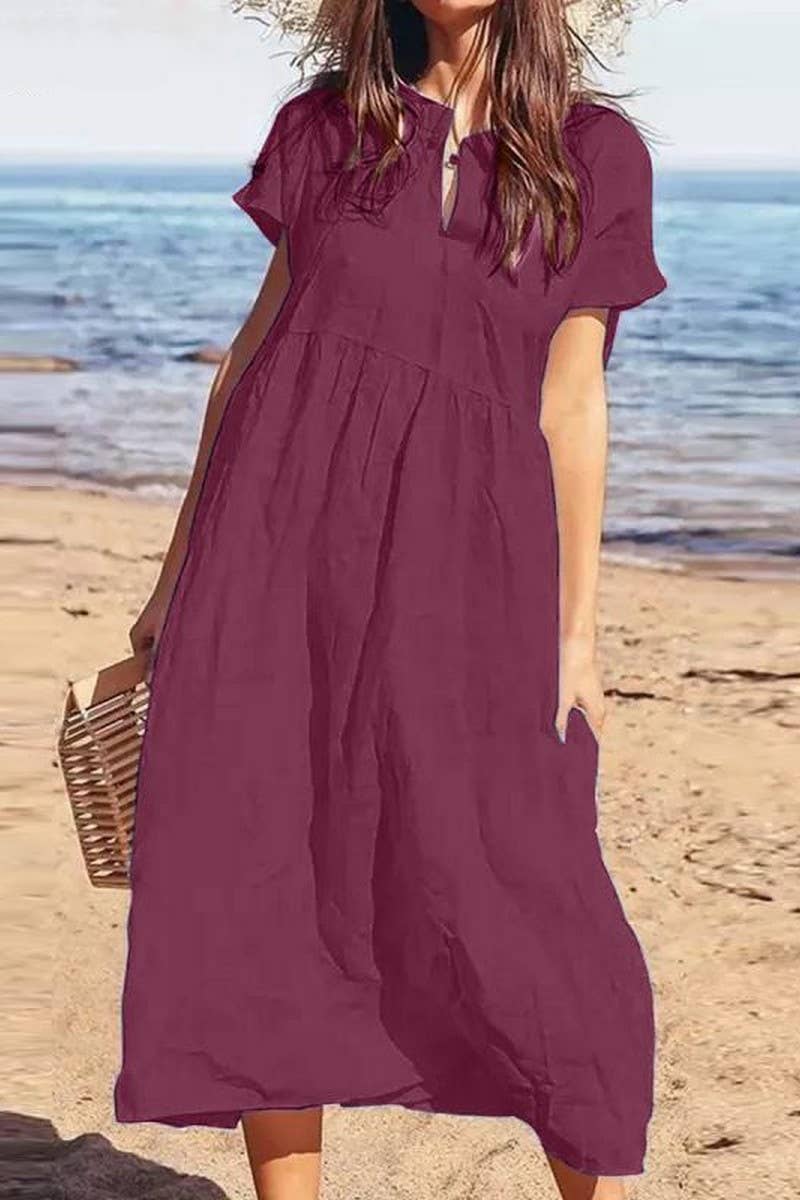 CWDMD00998_SOLID COLOR V-NECK SHORT-SLEEVED LOOSE CASUAL DRE