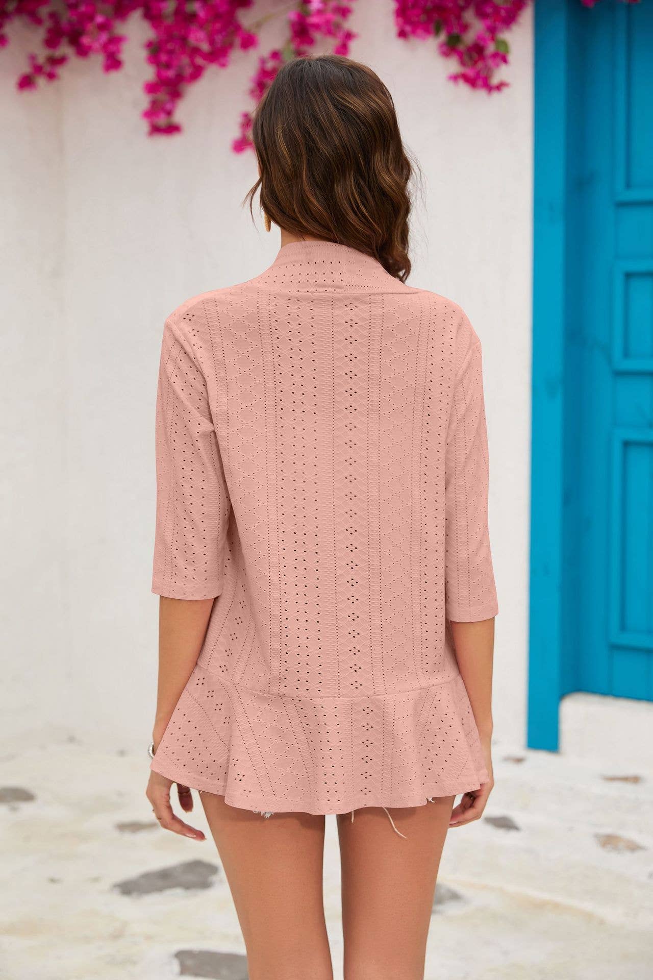 SOLID COLOR SEVEN-QUARTER SLEEVE RUFFLED CARDIGAN