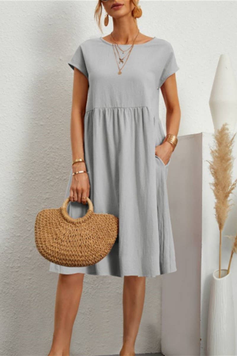 CWDSD10613_SUMMER TEMPERAMENT ROUND NECK A-LINE DRESS