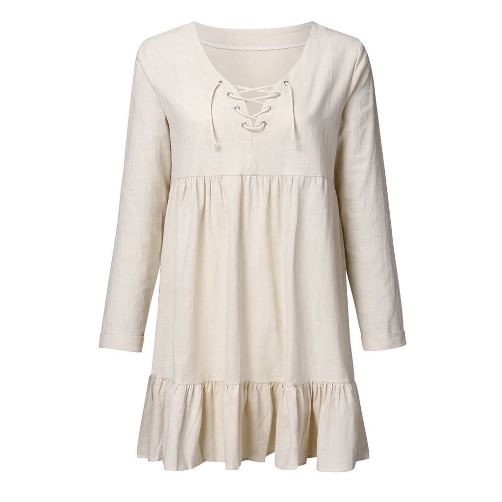 Rivet laced cotton linen long-sleeved dress