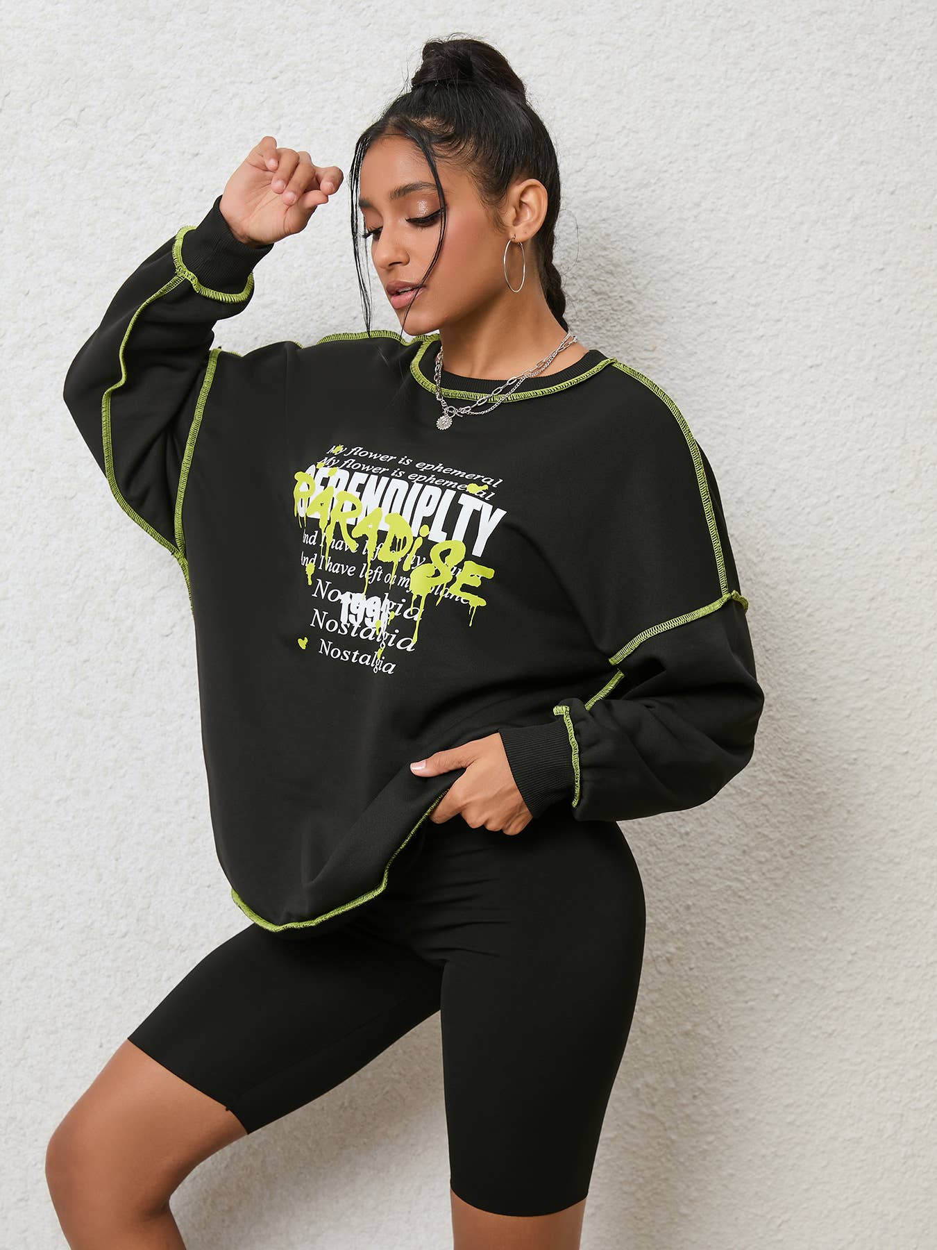 SOLID COLOR LOOSE ROUND NECK LONG-SLEEVED HOODIE