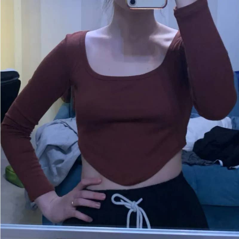 Knitted square-neck solid long-sleeved T-shirt