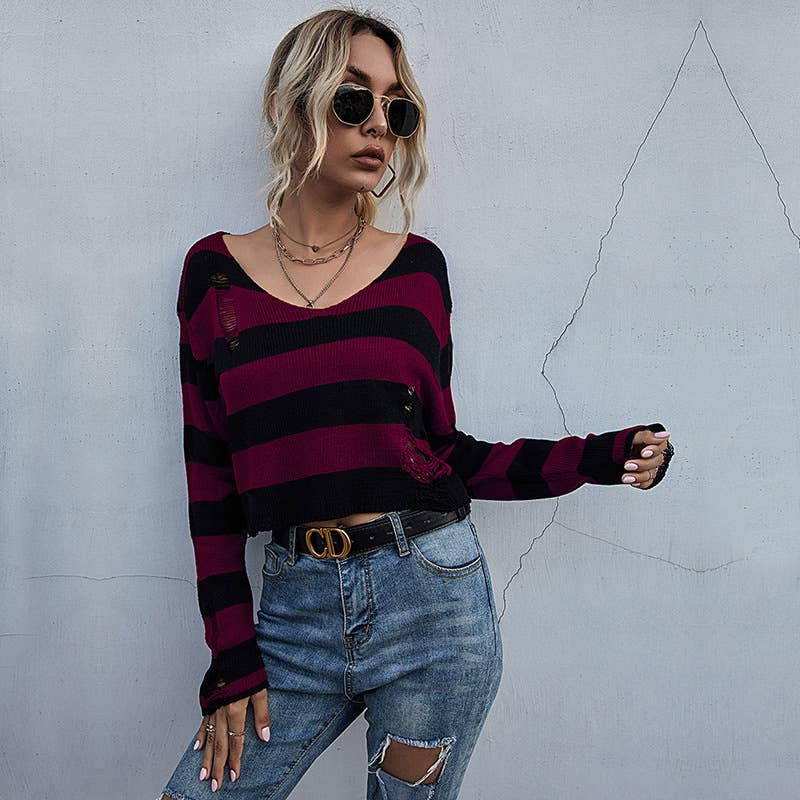 Striped V-neck loose short ripped crop sweater