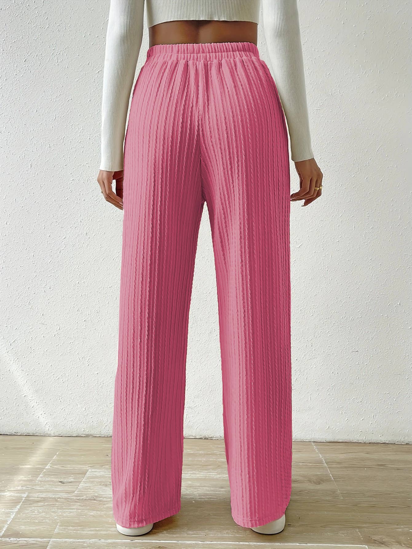 KNIT WIDE LEG STRAIGHT PANTS WITH WAIST TEXTURE