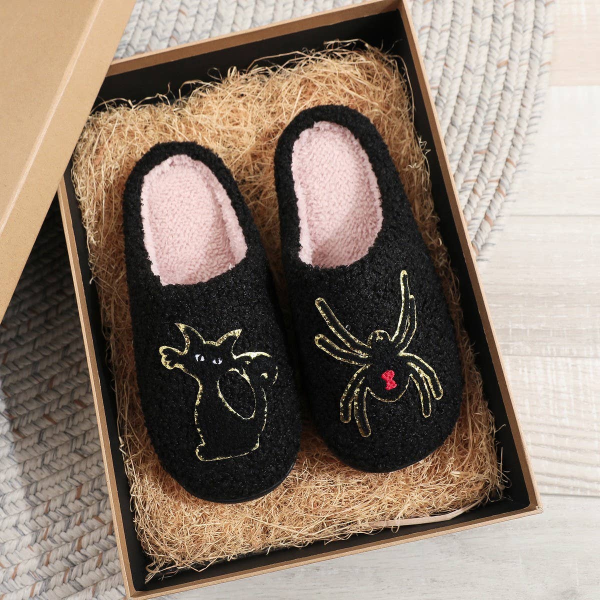 Halloween Spider Black Cat Plush Slippers_CWSHF00220
