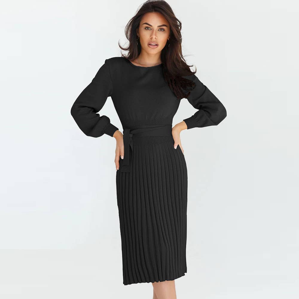 Fitted pleated mid-length knitted dress