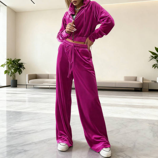 Hooded zipper jacket and velvet casual pants set
