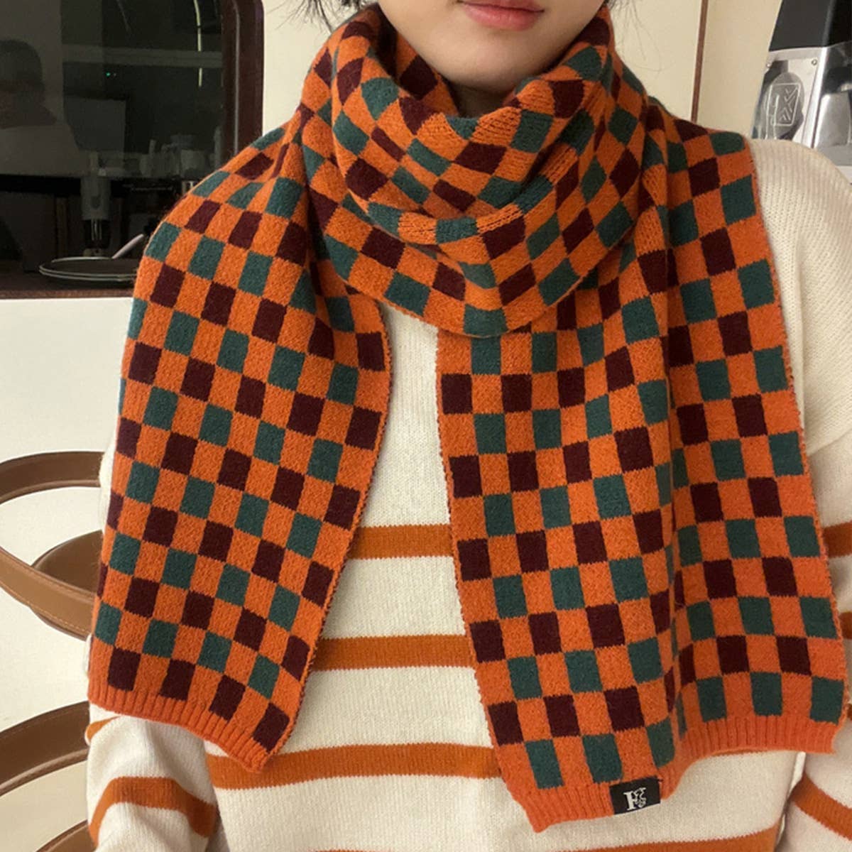 Colorblock Checkered Knit Scarf for Women