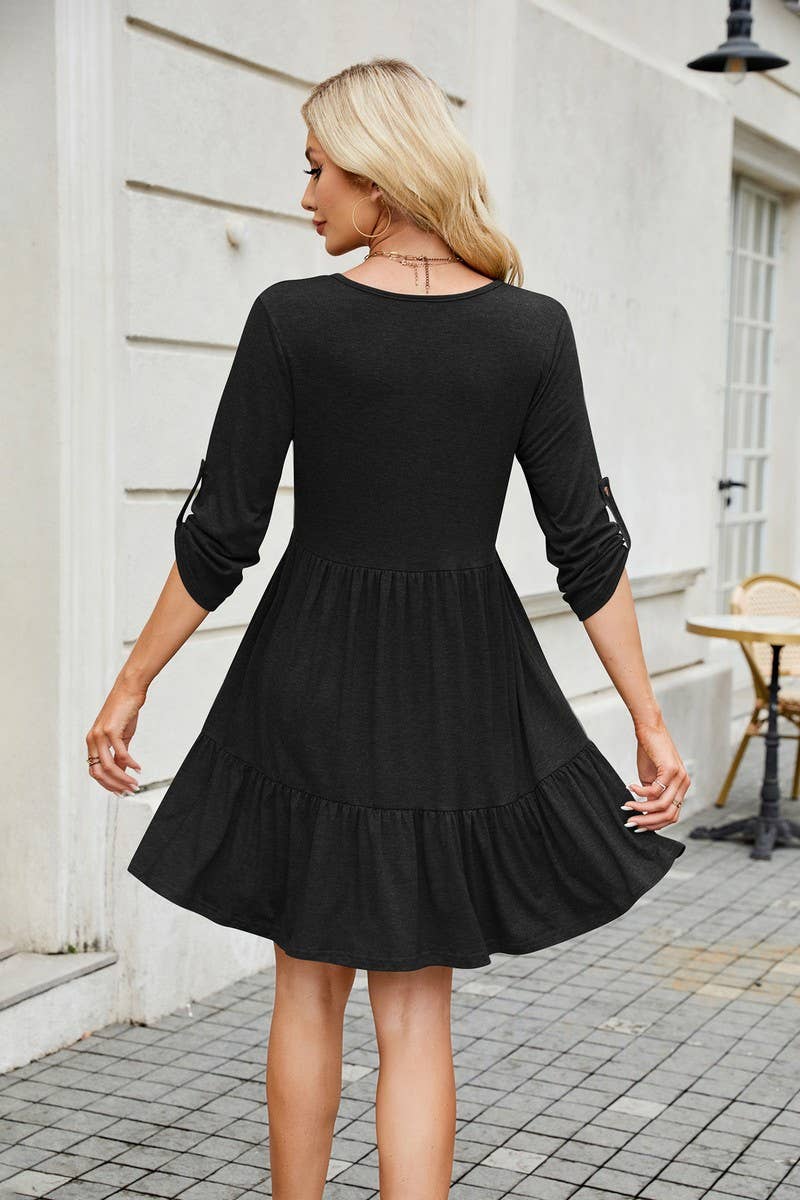 CWDSD7285_ROUND NECK BUTTON GATHERED ELBOW SLEEVE DRESS