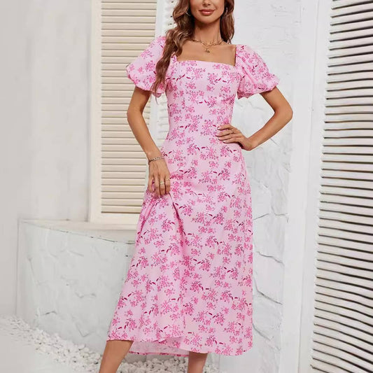 PRINTED SQUARE COLLAR LACE-UP DRESS