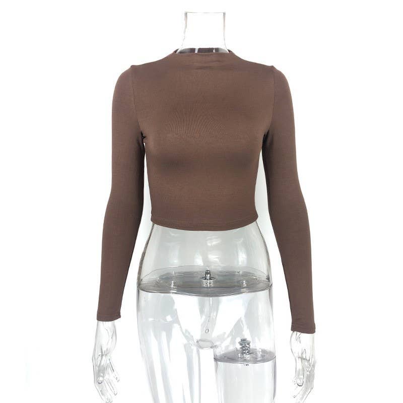 SLIM MIDRIFF HIGH-NECK SHORT LONG-SLEEVED TOP