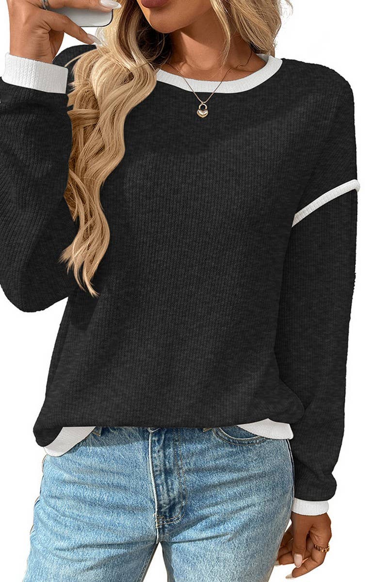 CWOSWL07154_COLORBLOCK KNIT-LOOK CREWNECK LOOSE TOP