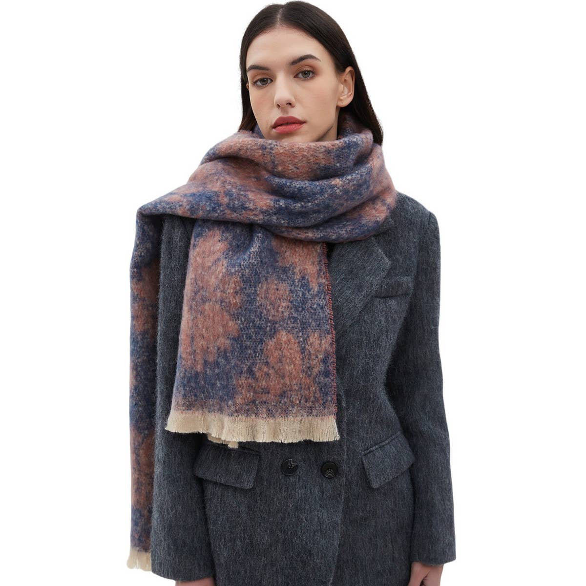 Floral Jacquard Scarf ? Winter Short Fringe Wrap