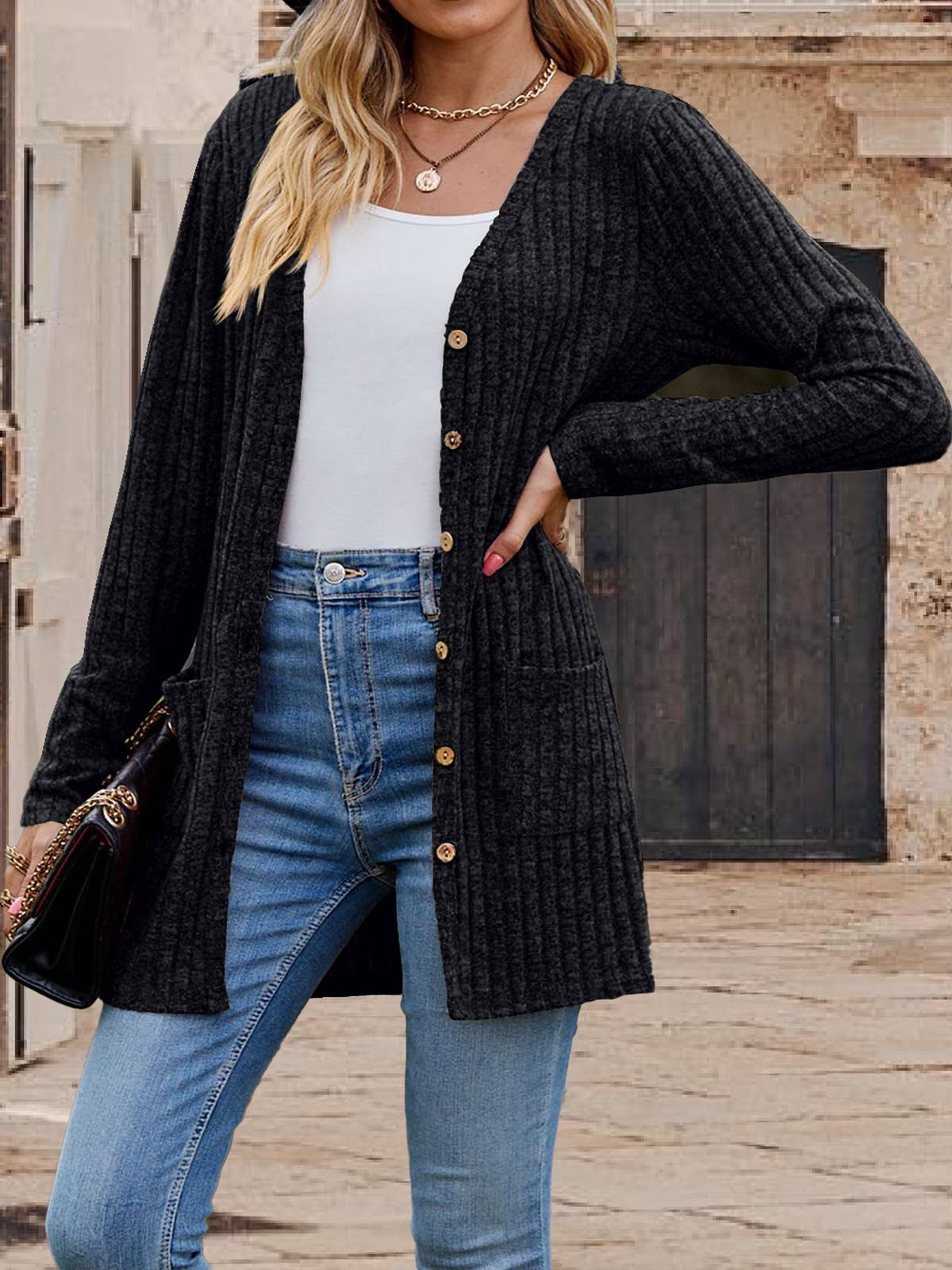 Single - buttoned V-neck pit strip cardigan