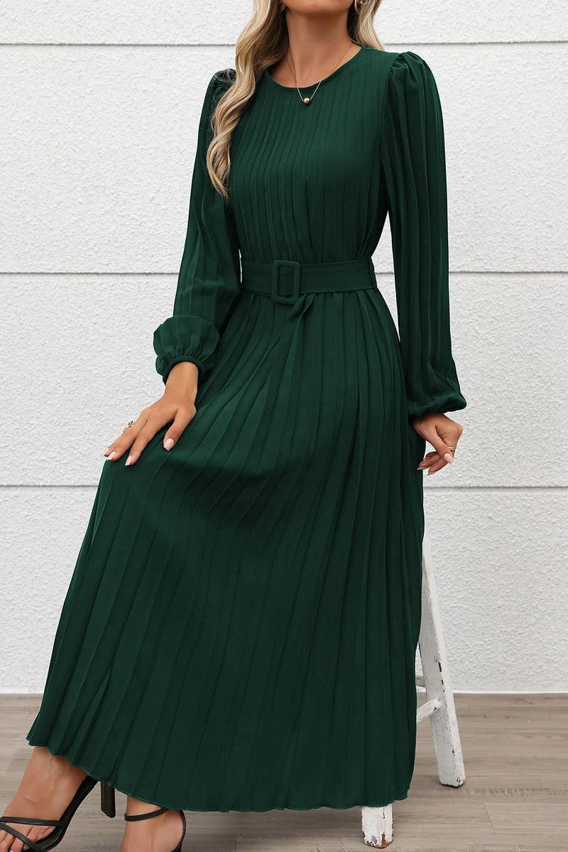 CWDMD01038_ELEGANT VINTAGE LONG SLEEVE PLEATED SOLID DRESS