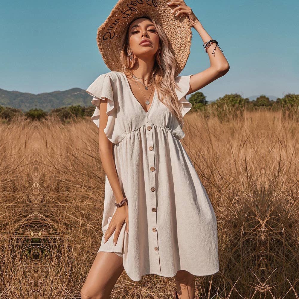 V-neck button-Up flared boho dress