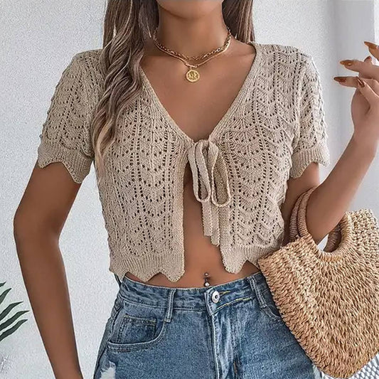 Lace-up hollowed-out short-sleeved cardigan