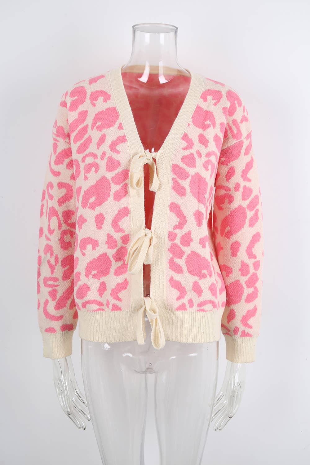 Leopard print jacquard bow tie cardigan
