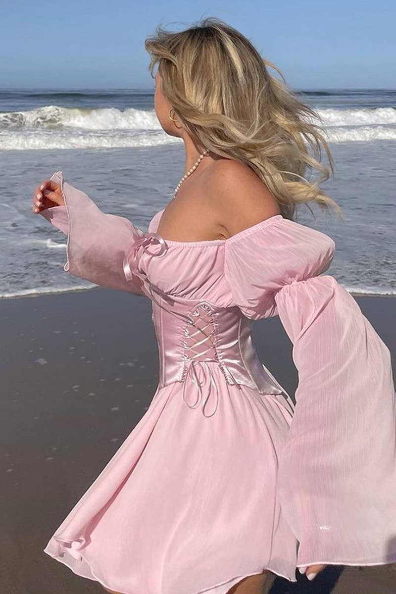 CWDSD6716_OFF-THE-SHOULDER TIE WAIST FLARED SLEEVE DRESS