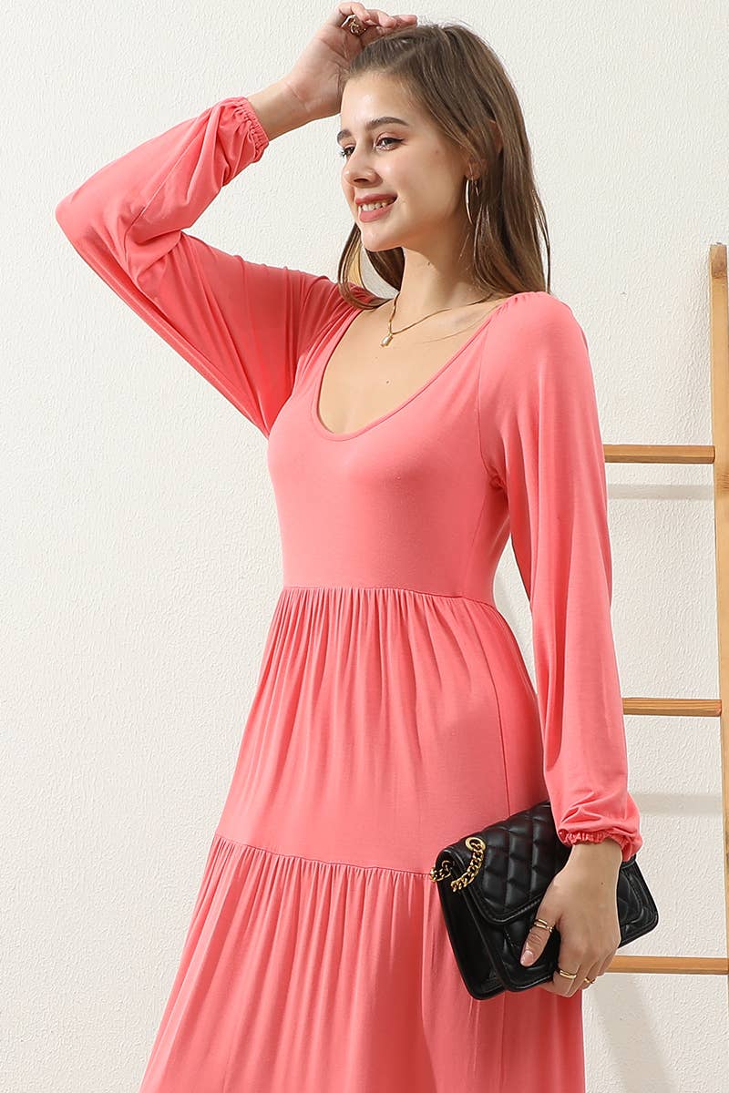 CWDMD801_ROUND NECK TIRED CASUAL RUFFLE MAXI SOLID DRESS