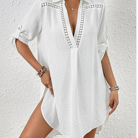White Lace V-Neck Beach Cover Up Blouse