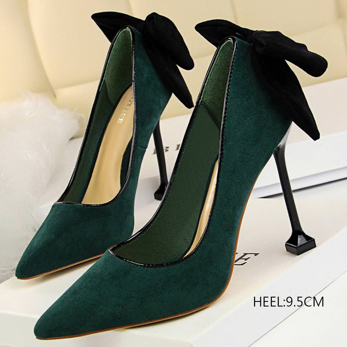 WOMEN SUEDE SHALLOW POINTED TOE BOW HIGH HEELS