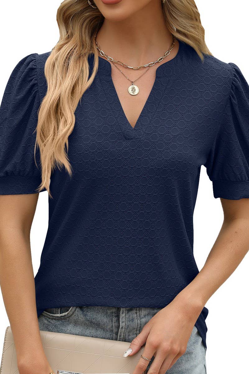 V NECK PUFFY SLEEVE PLEATED LOOSE T SHIRT_CWTSTS0181