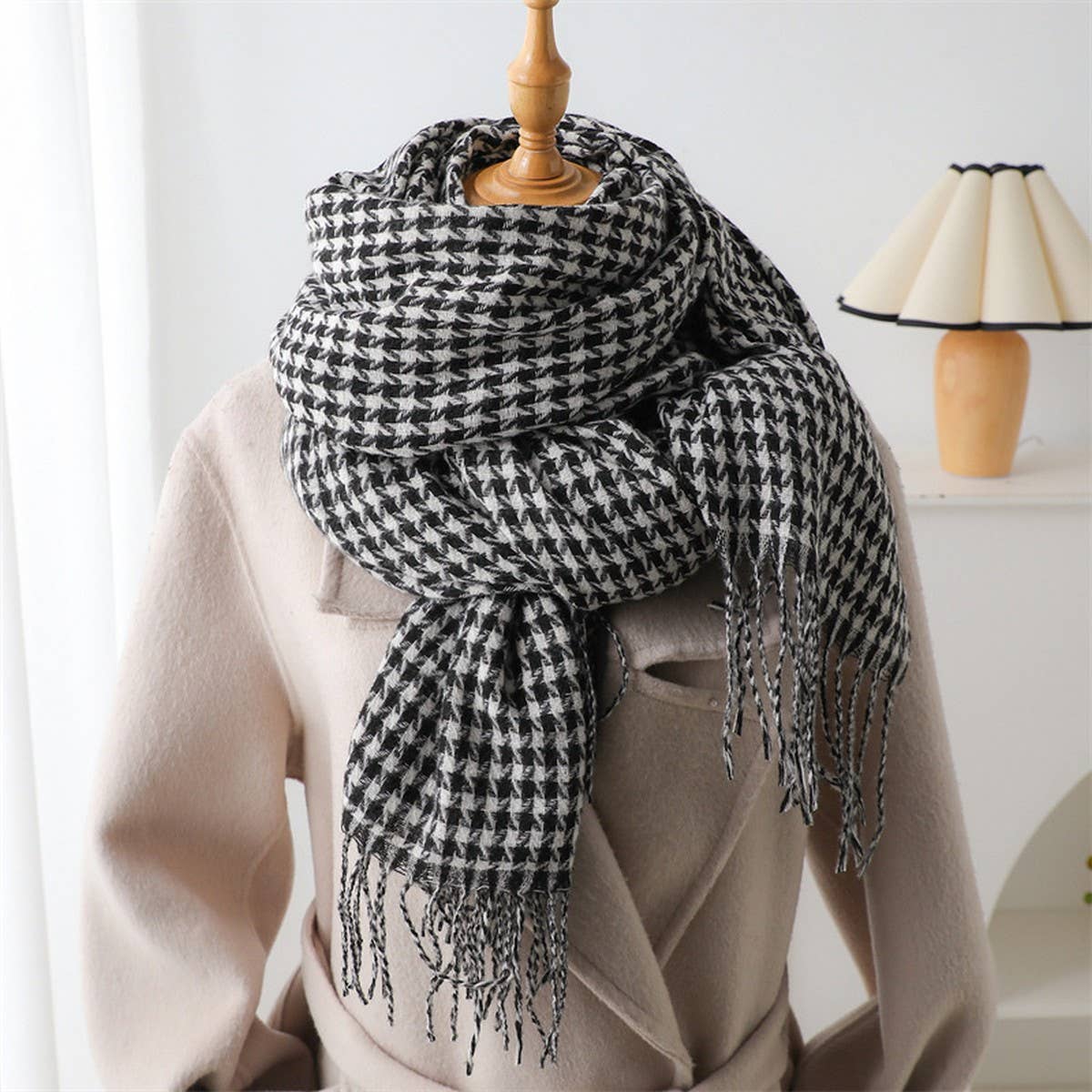 Vintage Houndstooth Faux Cashmere Scarf-Long Wrap