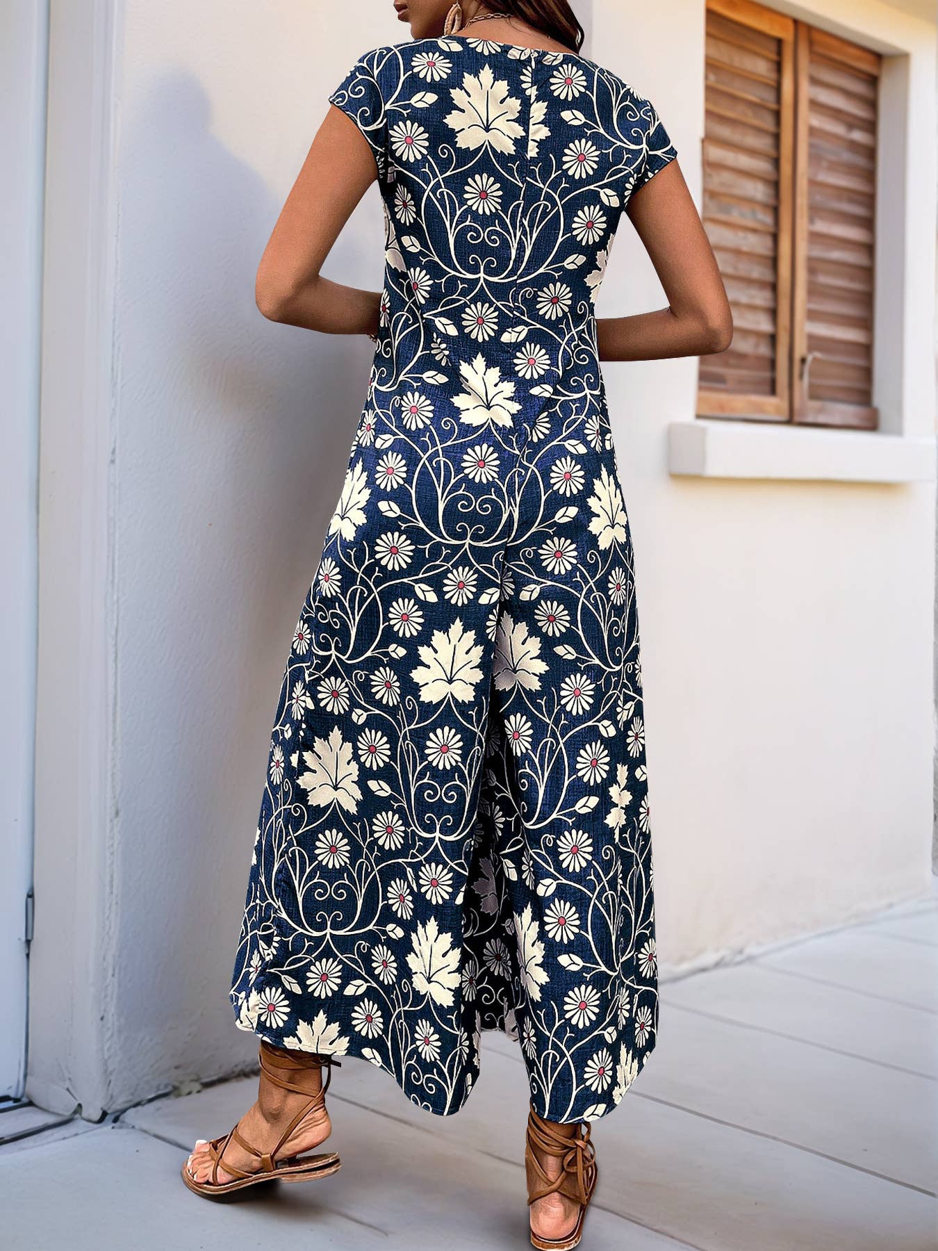 Vintage floral print casual straight-leg jumpsuit
