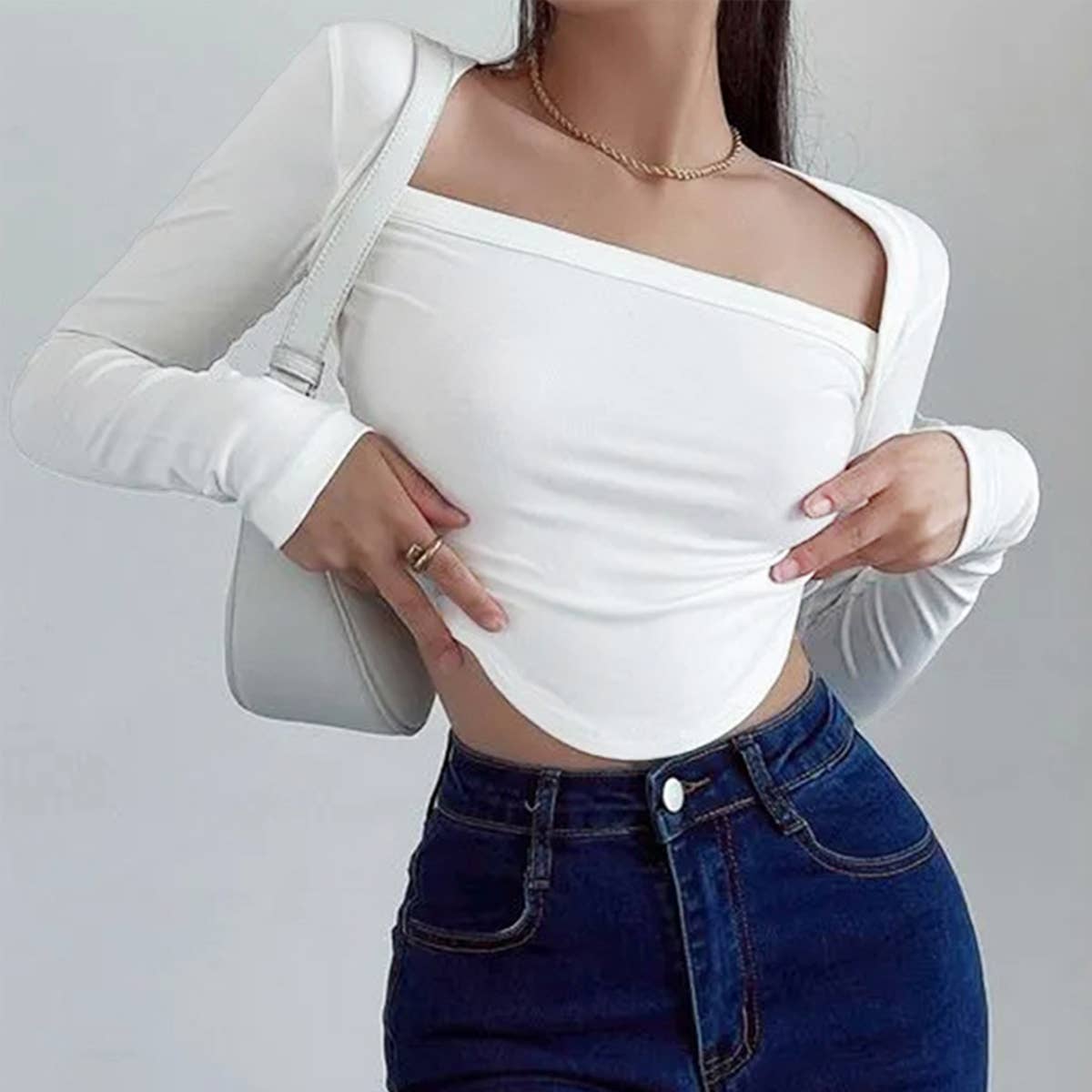 SLIM SLIM LONG SLEEVE SHORT SQUARE COLLAR TOP