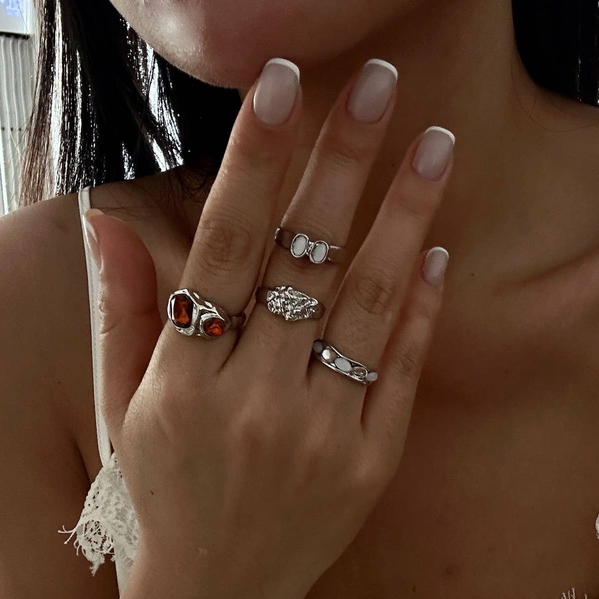 TRENDY RETRO GEOMETRIC HOLLOW DIAMOND RING SET