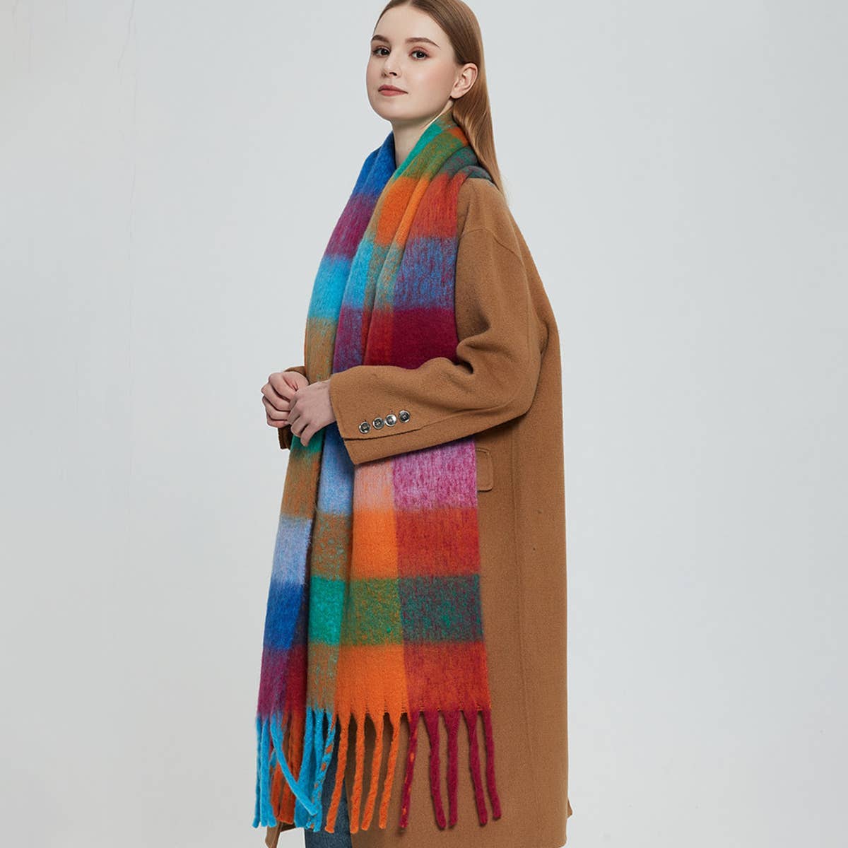 Chunky Plaid Mohair-Look Scarf with Fringes