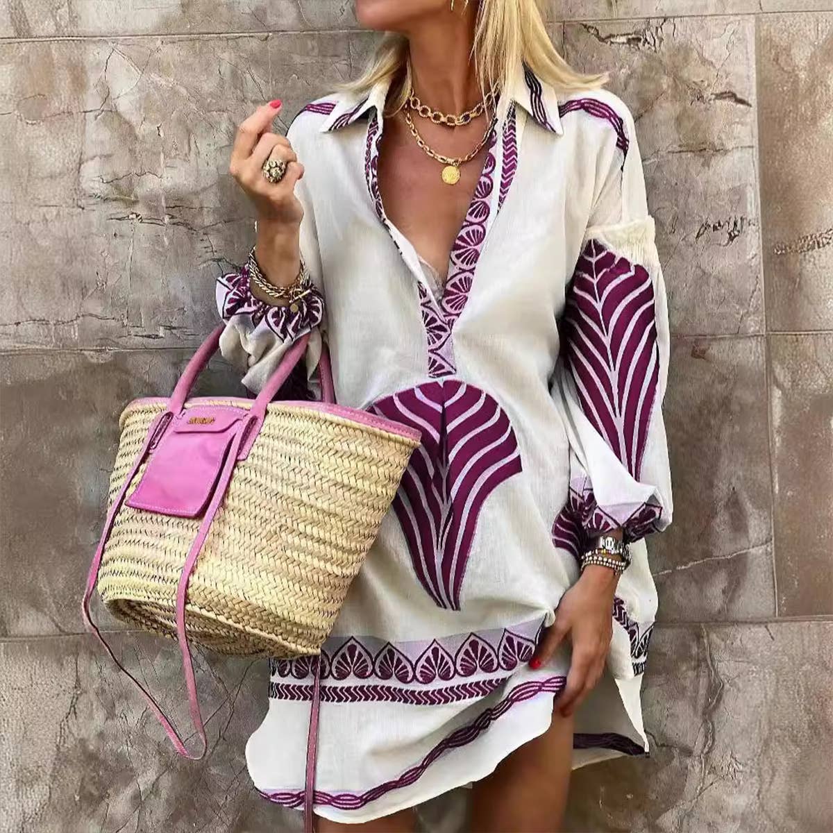 LOOSE HOLIDAY V-NECK CASUAL LONG SHIRT DRESS