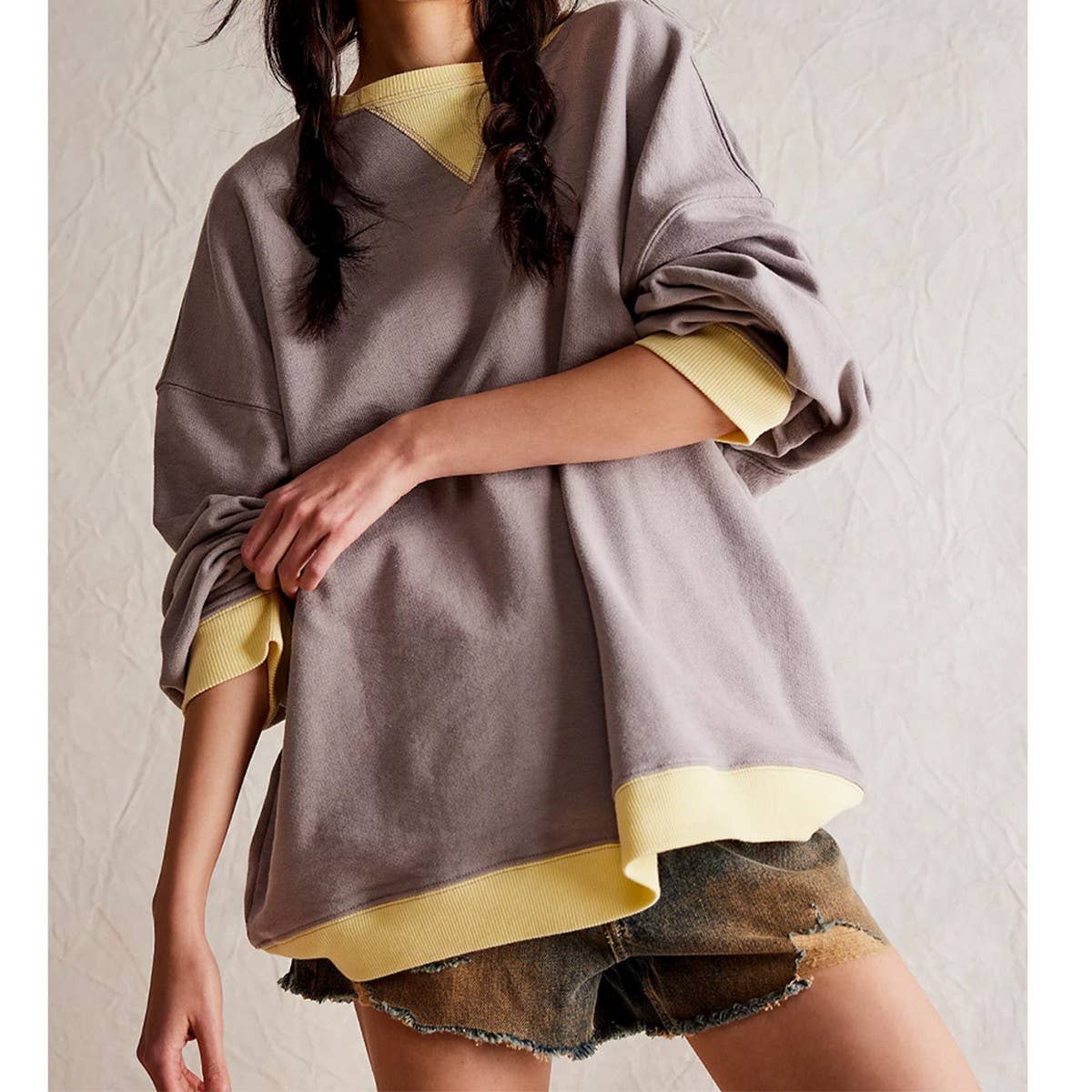 Solid color crew-neck split loose sweatshirt hoodie