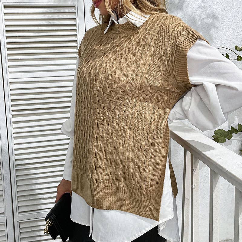 Solid color round neck twist knit pullover vest