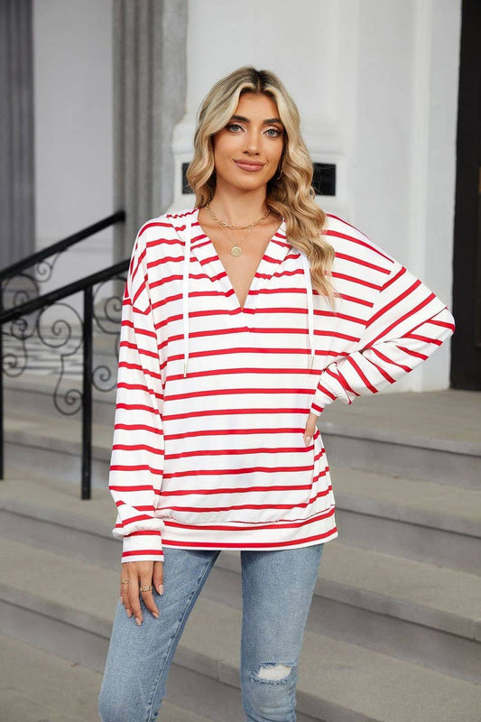 CWOHOL0718_DRAWSTRING HOODED STRIPED LONG SLEEVE SWEATSHIRT