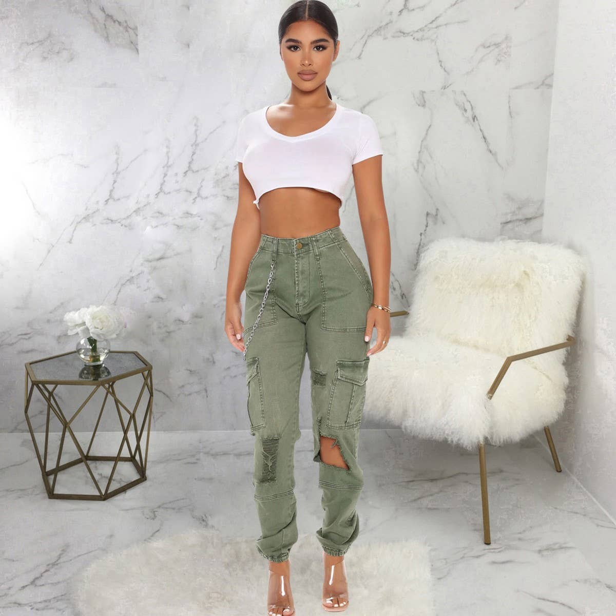 WOMEN FASHIONABLE CASUAL SLIM FITTING CARGO PANTS_CWBLP0355