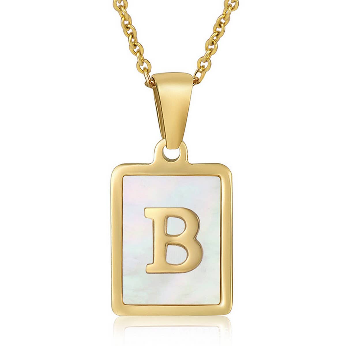CWAJE1917_Square Stainless Steel White Shell Letter Necklace