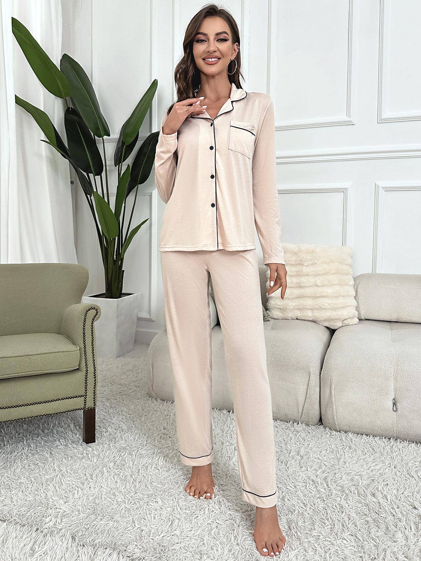 Long-sleeved shirt long pants home wear set