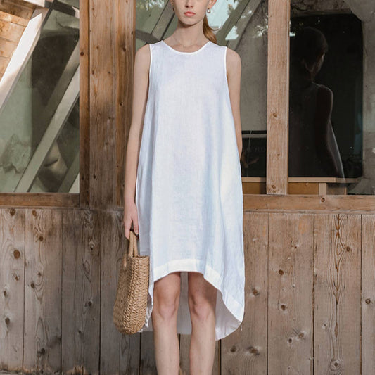 IRREGULAR COTTON LINEN SLEEVELESS DRESS