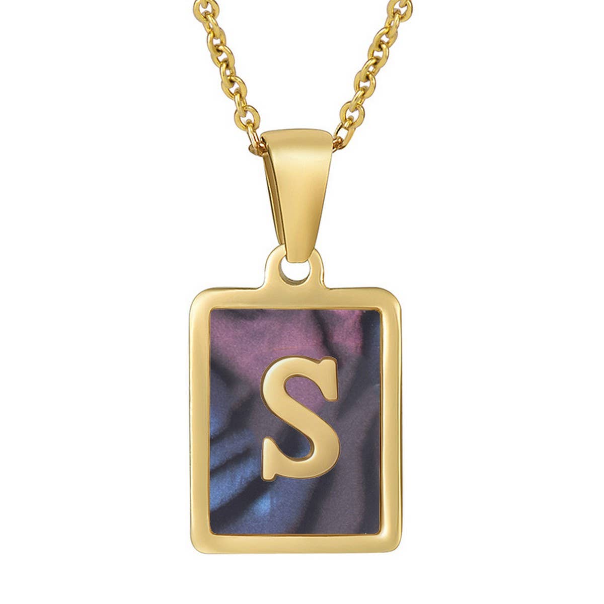 CWAJE1930_Square Stainless Steel Color Shell Letter Necklace