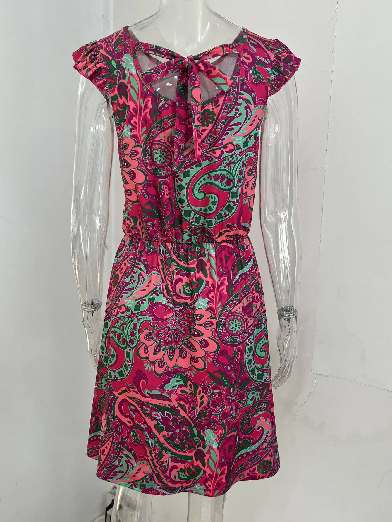 Feifei sleeve printe cinched waist lace-up dress