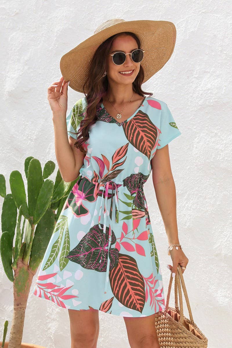 CWDSD4019_V-NECK FLORAL PRINT DRAWSTRING DRESS