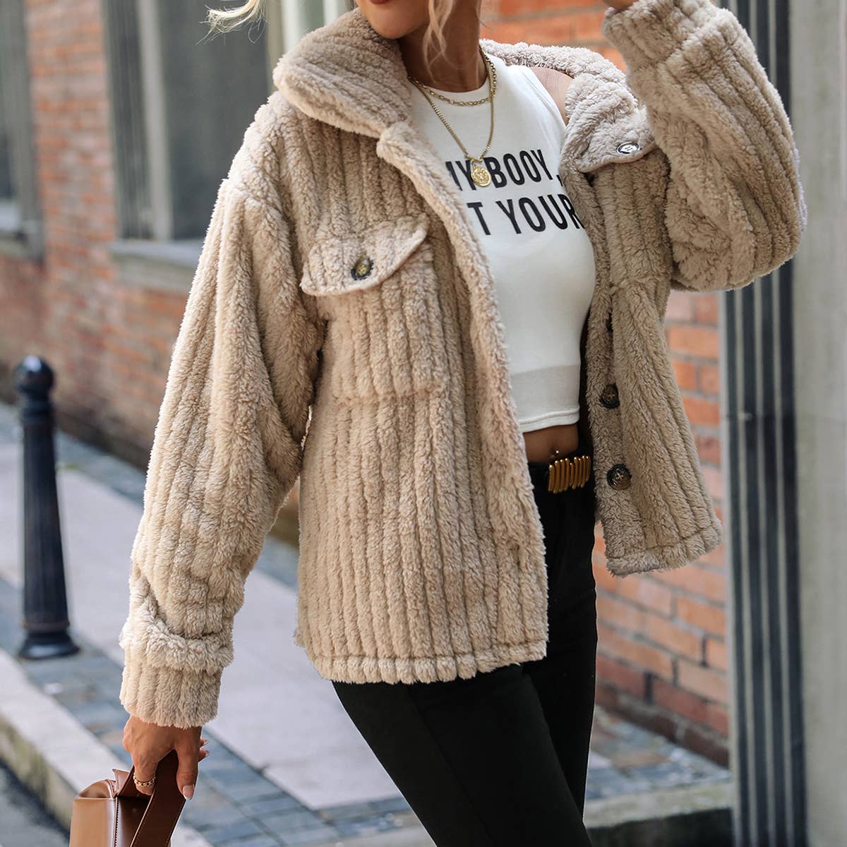 WOMEN POLO COLLAR LONG SLEEVE SOLID BUTTON JACKET_CWOCO0117