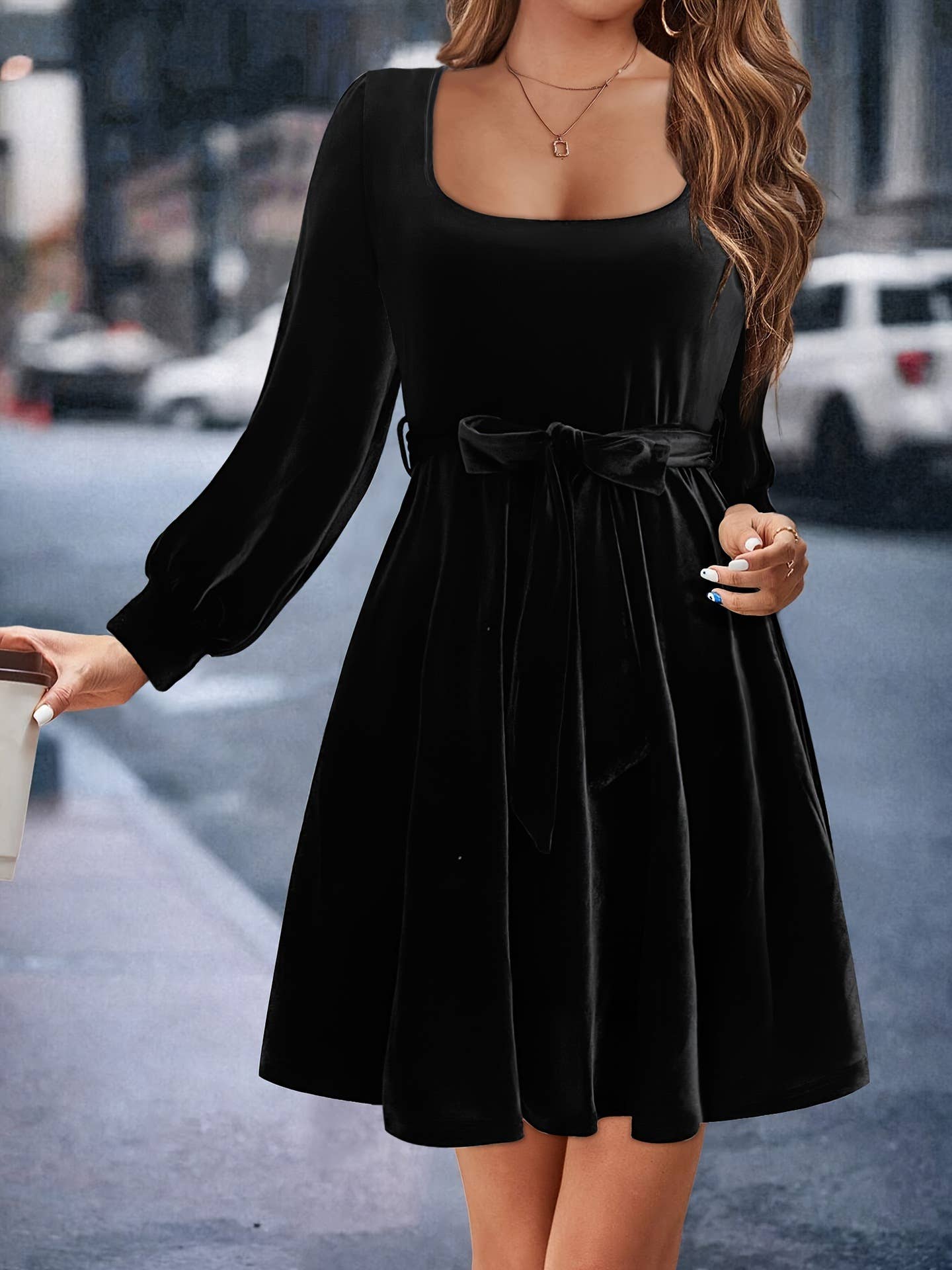 VELVET SQUARE COLLAR WAIST LONG SLEEVE DRESS
