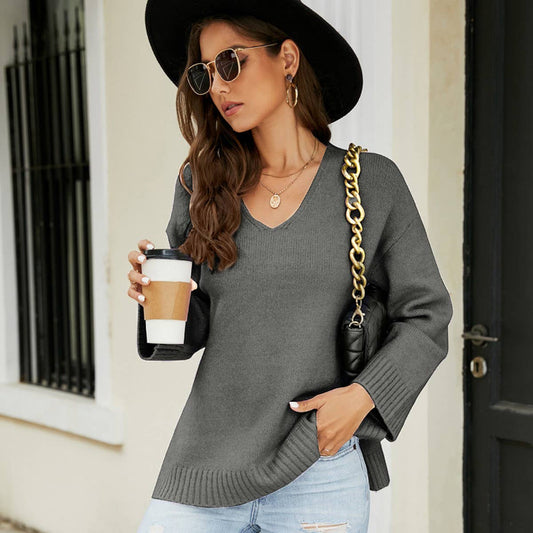 Long sleeve V-neck split solid color pullover