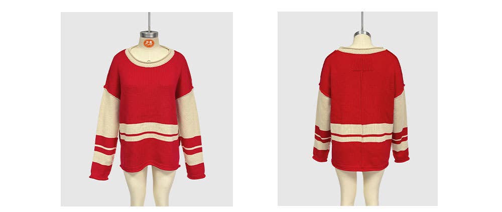 Two-tone round-neck loose and versatile sweater